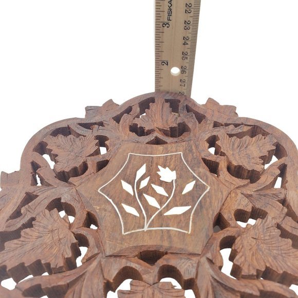 Vintage Carved Wooden Trivet 70s Plant Stand Floral Inlay India Handmade Leaves - Picture 7 of 7